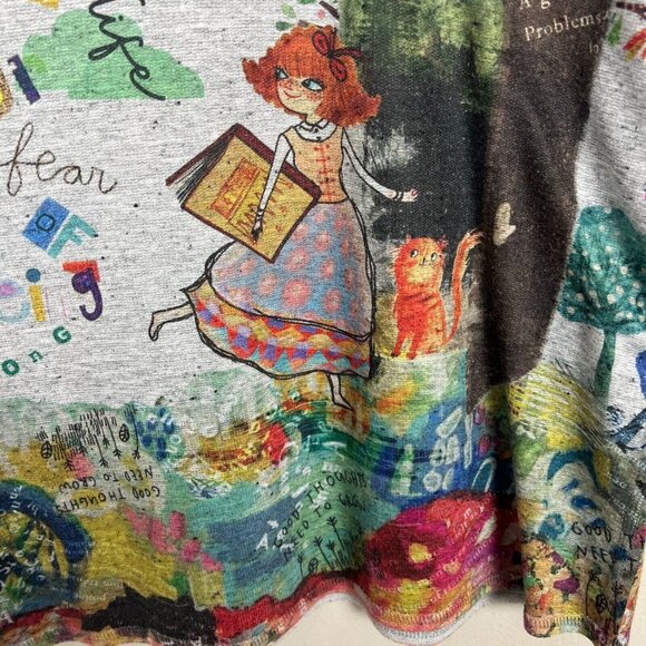 Inoah Top Womens Large Gray Knit Art to Wear Cat Lady Short Sleeve Graphic L - Picture 4 of 11